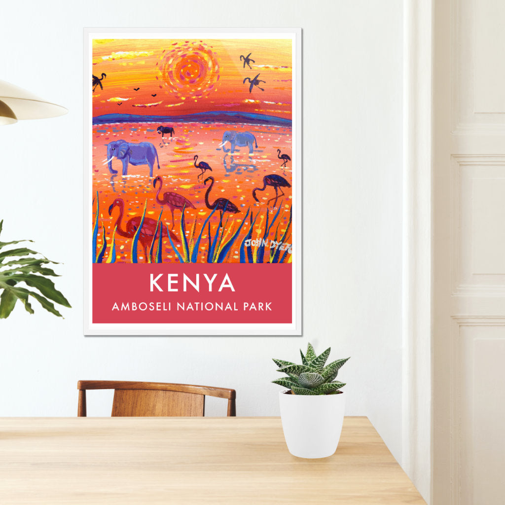 African Art Wall Art Poster Print by John Dyer. Sunset Amboseli Lagoon with Flamingos and Elephants