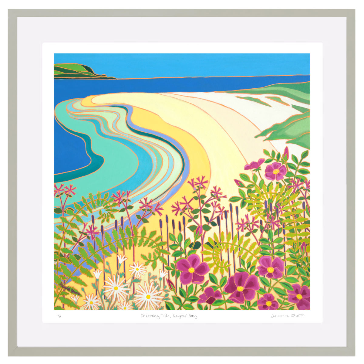 'Incoming Tide, Daymer Bay’ – Framed Special Limited Edition Print of the Camel Estuary Cornwall by Joanne Short. Light grey frame