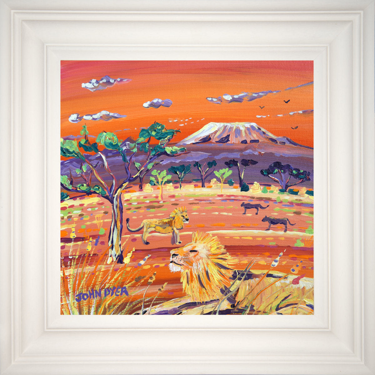 'Sunset Lions, Kenya', 12x12 inches acrylic on canvas. Paintings of Africa by British Artist John Dyer.