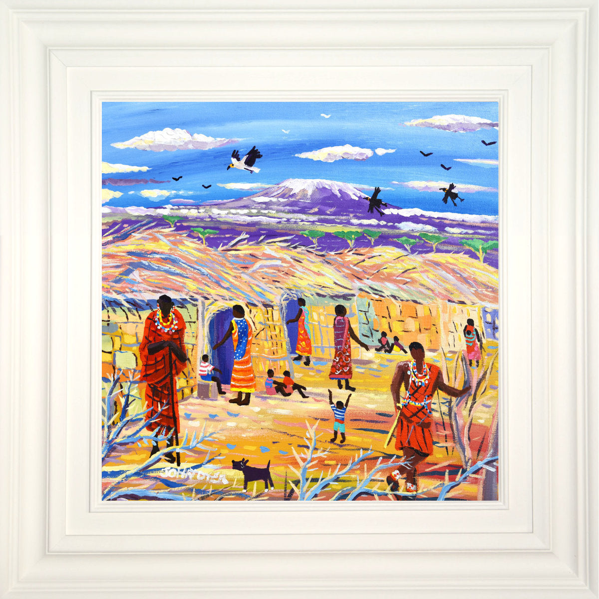 &#39;A Day with the Maasai, Cultural Boma, Amboseli&#39;, 18x18 inches acrylic on canvas. African Painting by British Artist John Dyer.