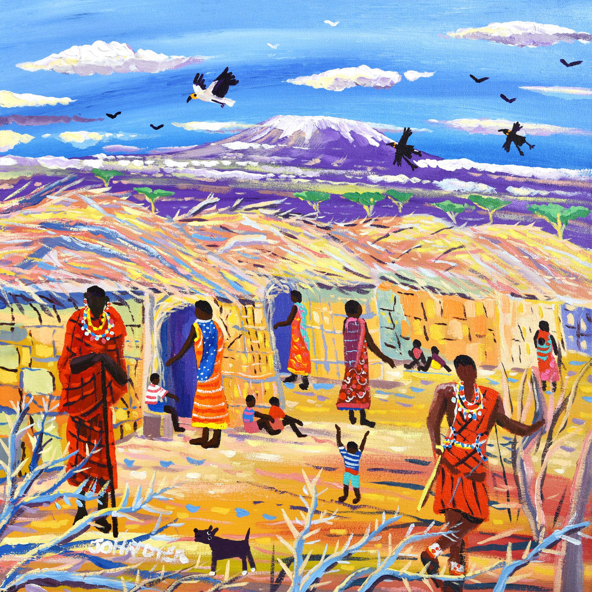 'A Day with the Maasai, Cultural Boma, Amboseli', 18x18 inches acrylic on canvas. African Painting by British Artist John Dyer.