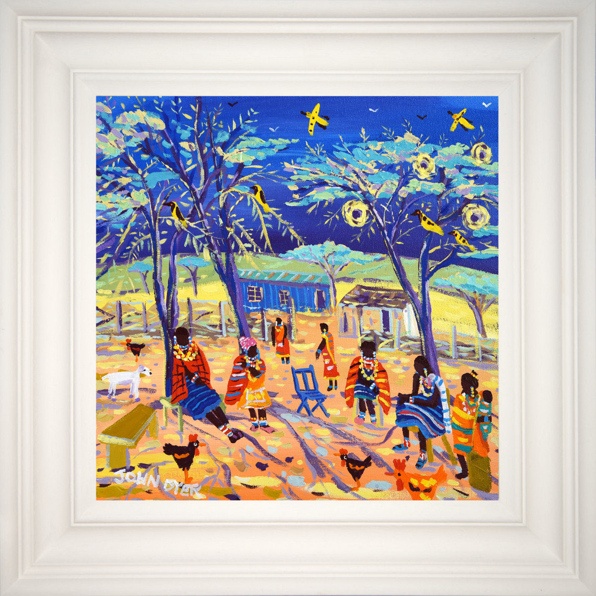 'Chatting under the Acacia Trees, Maasai Boma, Kenya', 12x12 inches acrylic on canvas. Paintings of Africa by British Artist John Dyer.