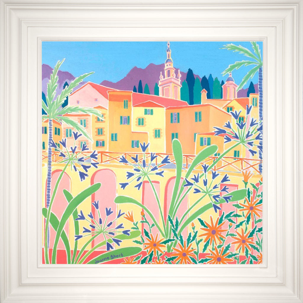 Original Painting by Joanne Short. &#39;Agapanthus in the Old Town, Menton, France&#39;. 24 x 24 inches oil on canvas