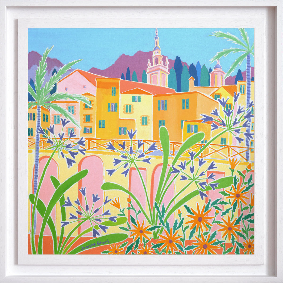 Colorful illustration of a Mediterranean town with buildings, palm trees, and flowers. Original Painting by Joanne Short. 'Agapanthus in the Old Town, Menton, France'. 24 x 24 inches oil on canvas