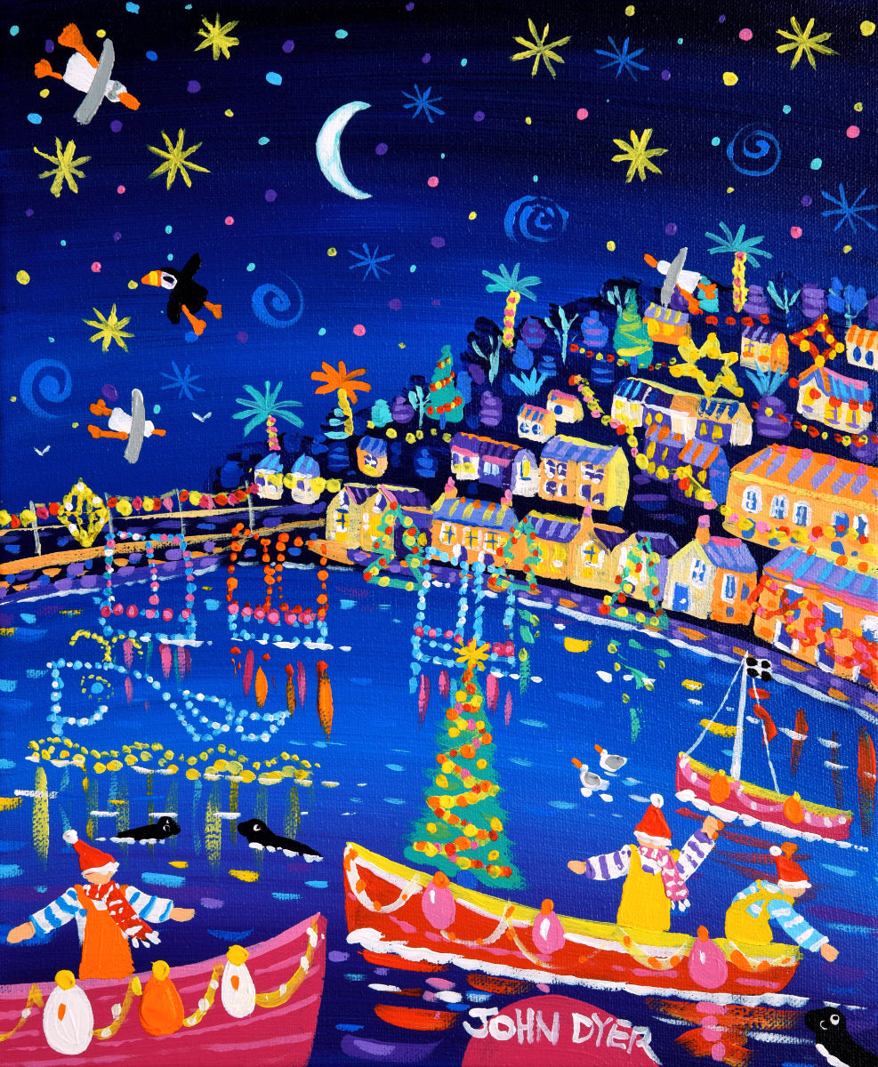 &#39;Festive Fishermen and Twinkling Christmas Lights, Mousehole Harbour&#39;, 12x10 inches acrylic on canvas. Paintings of Cornwall. Cornish Artist John Dyer. Cornwall Art Gallery
