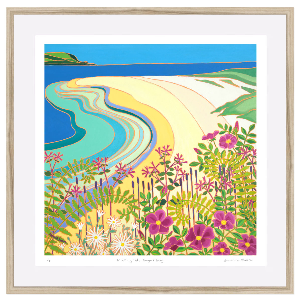 'Incoming Tide, Daymer Bay’ – Framed Special Limited Edition Print of the Camel Estuary Cornwall by Joanne Short. Natural frame