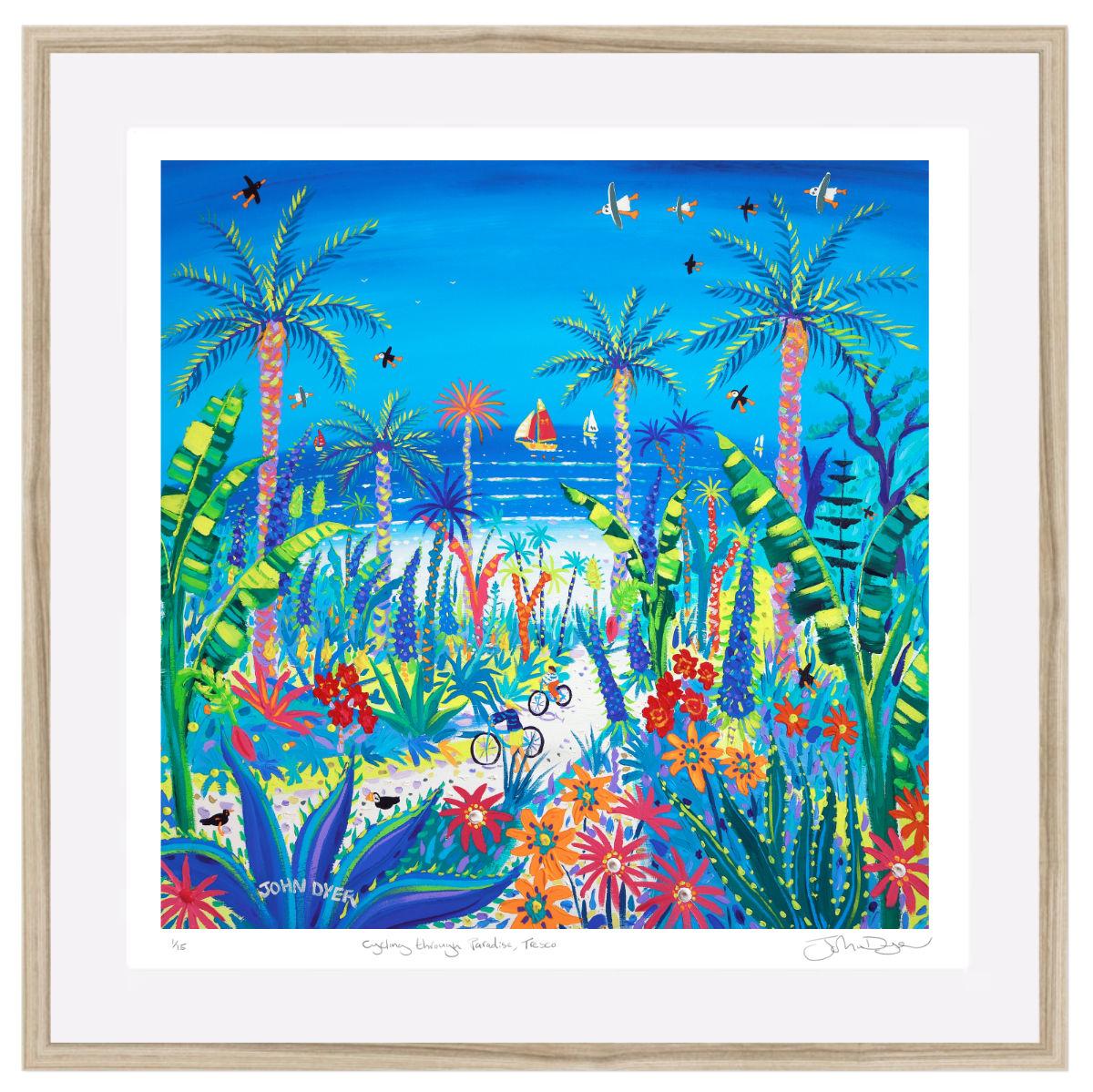 'Cycling through Paradise, Tresco'. Framed Special Limited Edition Print by John Dyer. Natural wood frame.