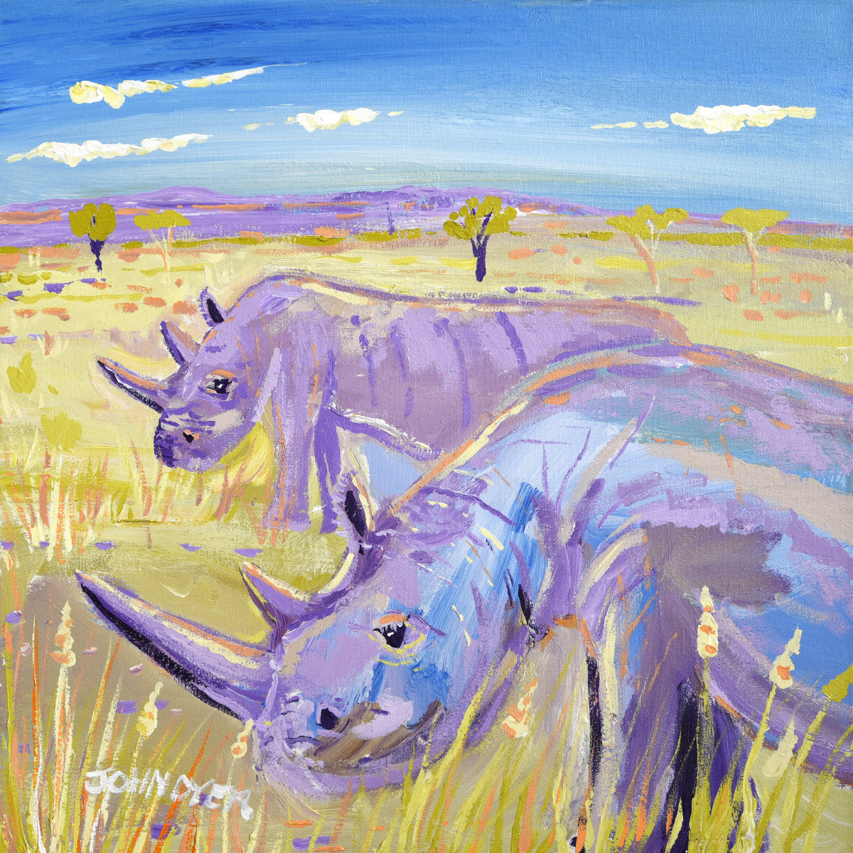 'Mother and Daughter. Najin and Fatu, the last two Northern white Rhino', 18x18 inches acrylic on canvas. African Painting by British Artist John Dyer.