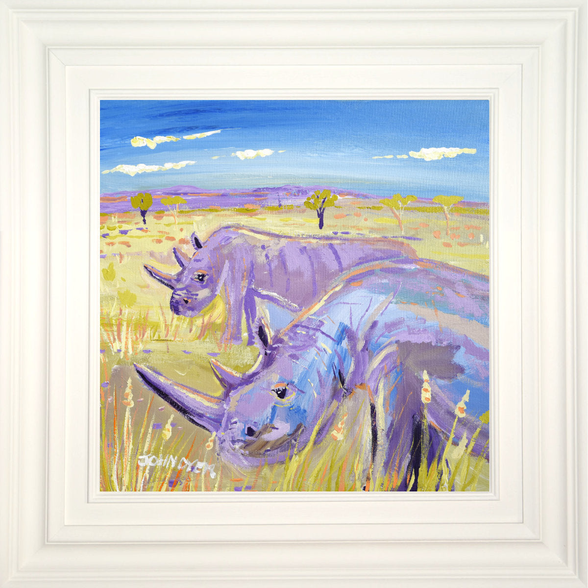 'Mother and Daughter. Najin and Fatu, the last two Northern white Rhino', 18x18 inches acrylic on canvas. African Painting by British Artist John Dyer.