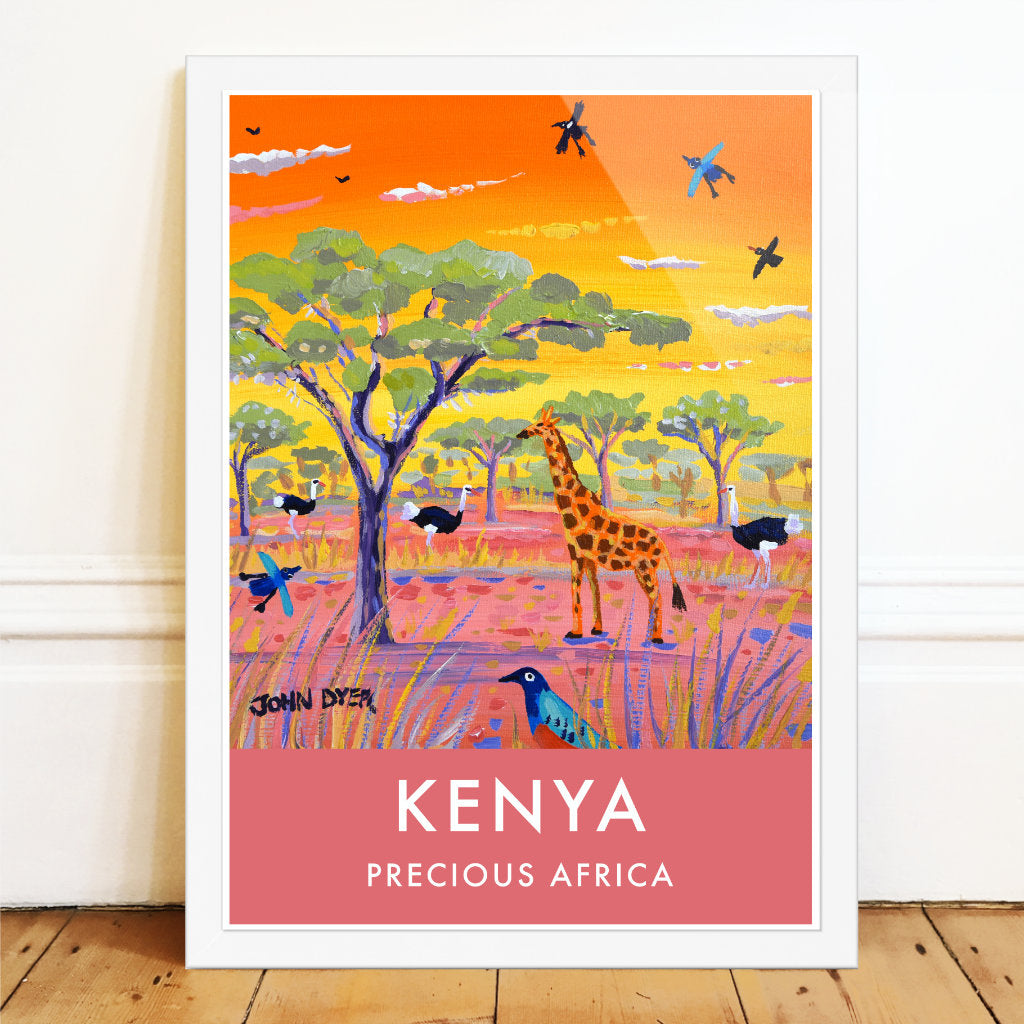 African Art Wall Art Poster Print by John Dyer. Giraffe with Ostrich and Acacia Tree