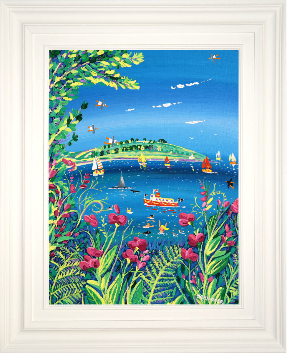 'Sweet Peas and Sailboats, Pendennis Headland, Falmouth', 24x18 inches acrylic on canvas. Coastal Painting of Cornwall by Cornish Artist John Dyer.