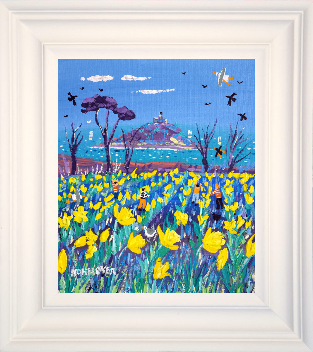 'Cornish Spring Daffodils, St Michael's Mount', 12x10 inches acrylic on canvas. Painting of Cornwall by Cornish Artist John Dyer