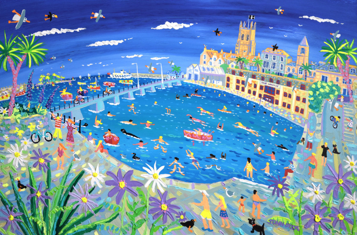 &#39;Summer Swimmers, Penzance&#39;, 24x36 inches acrylic on board. Cornwall Art Gallery Painting by Cornish Artist John Dyer