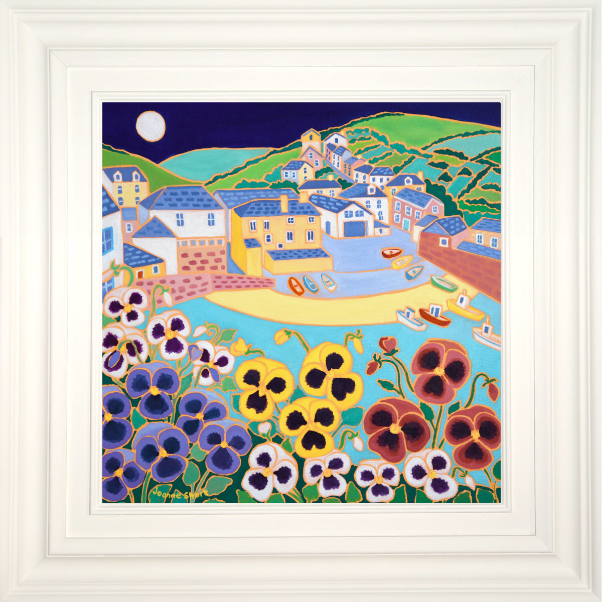 Framed artwork of a colourful village scene with flowers at the bottom. 'Moonlit Pansies on the Wall, Port Isaac',  18x18 inches oil on canvas. Painting by Cornish Artist Joanne Short