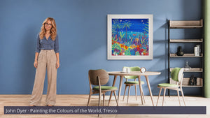 A Closer Look with Aria — Original Painting by John Dyer. 'Painting the Colours of the World, Tresco.' 100x100cm acrylic on canvas