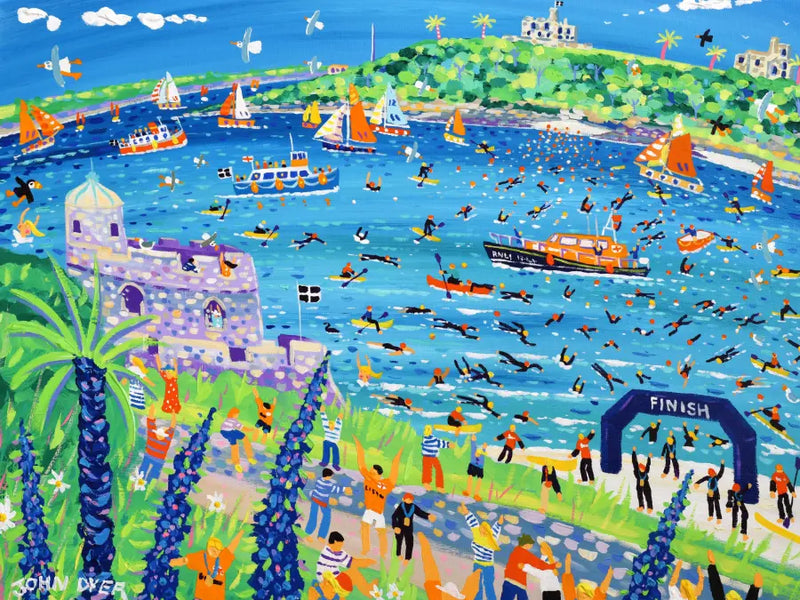 Detail of John Dyer's limited edition print celebrating the  RNLI Castle to Castle swim 2026