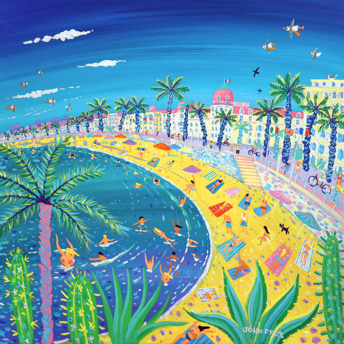 Colourful beach scene with palm trees, people, and buildings, Negresco Hotel, France. 'Sexy Curves, Nice', 30 x 30 inches acrylic on canvas. Cote d'Azur South of France Painting by British Artist John Dyer