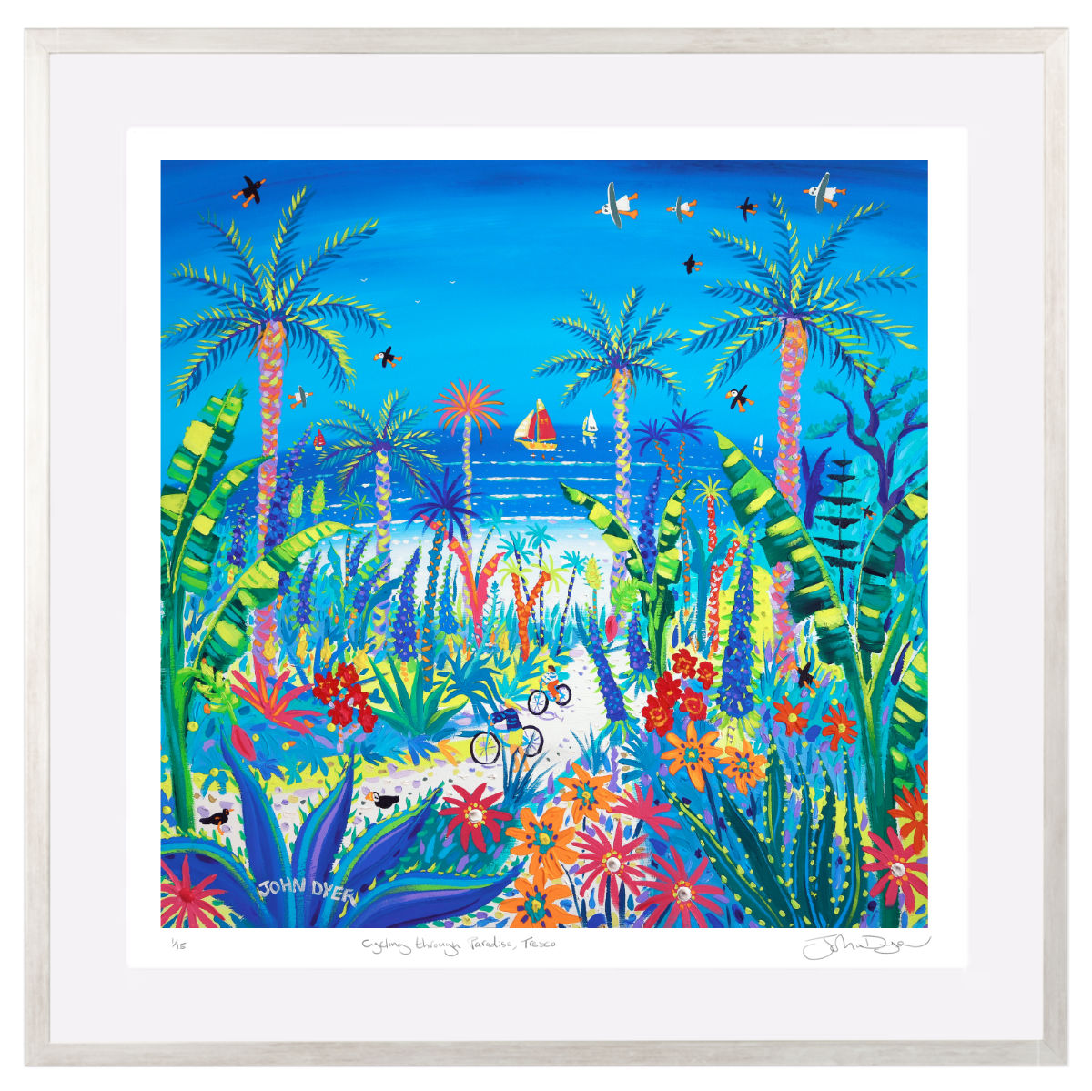 'Cycling through Paradise, Tresco'. Framed Special Limited Edition Print by John Dyer. Silver frame.