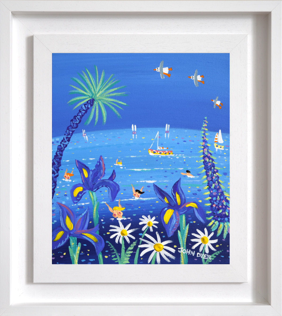 'Sea Swimmers, Falmouth', 12x10 inches acrylic on canvas. Painting of Cornwall by Cornish Artist John Dyer