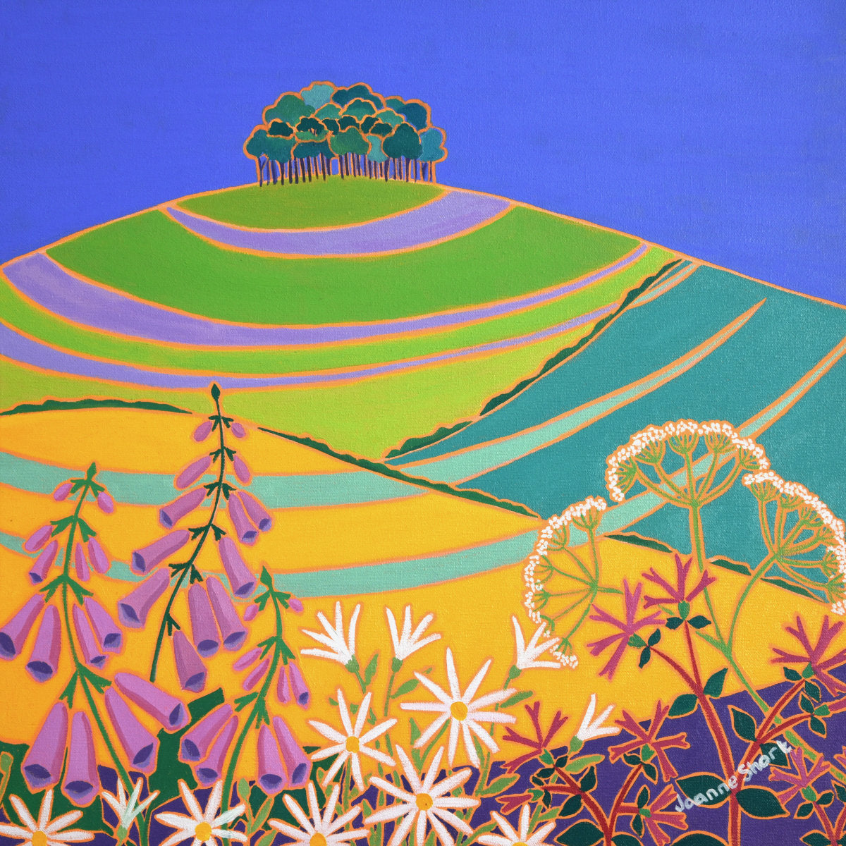 'Heading Home to Cornwall, The Coming Home Trees',  18 x 18 inches Oil on Canvas. Nearly Home Trees Painting by Cornish Artist Joanne Short.