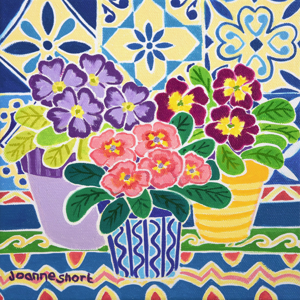 Colorful floral arrangement with pots on a patterned background, signed 'Joanne Short'. 'Spring Flowers on a Patterned Tablecloth', 8 x 8 inches oil on canvas still life. Painting by Cornish Artist Joanne Short