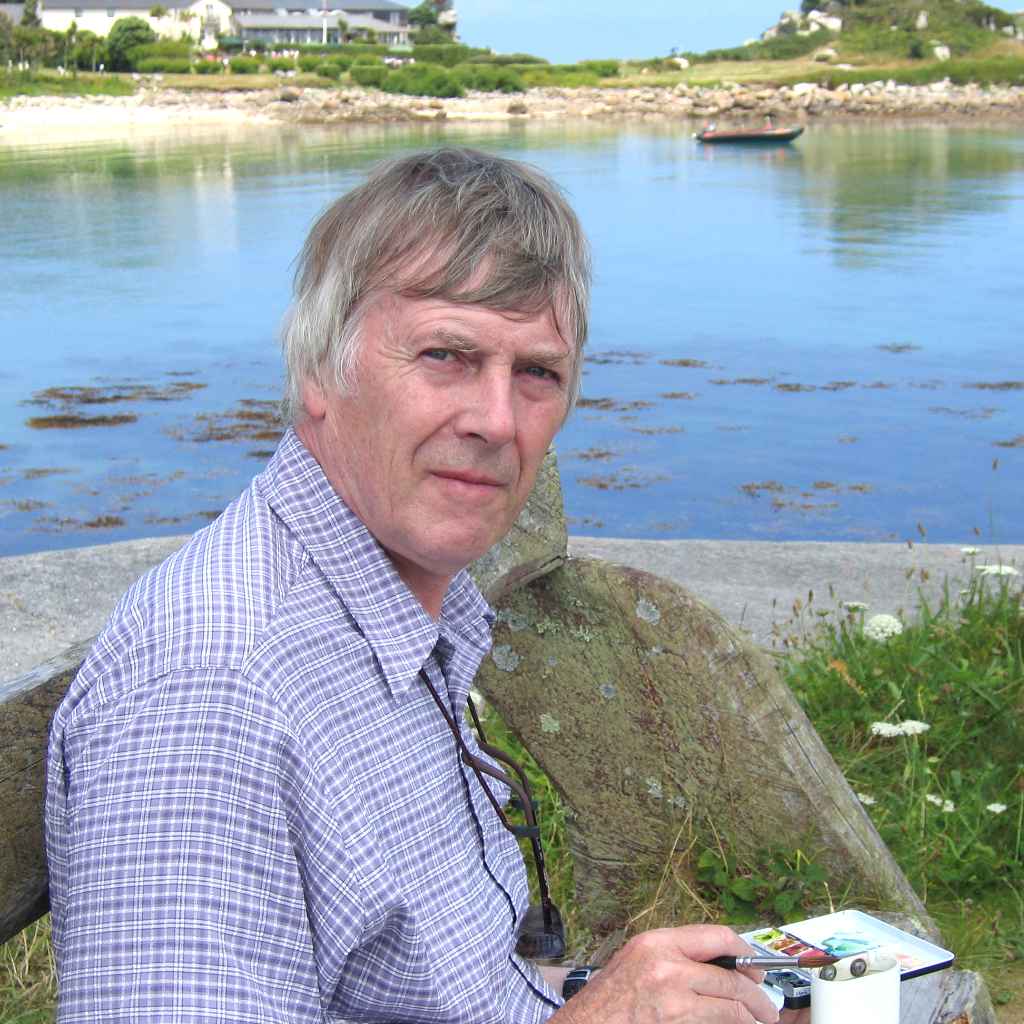 Cornish artist ted Dyer photographed painting on the island of Tresco in Cornwall