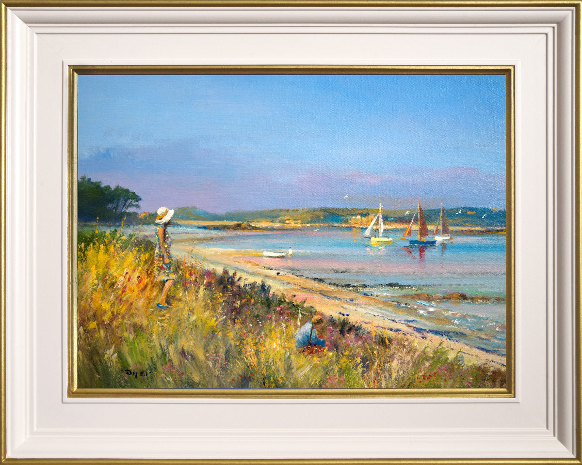 &#39;Sails in the Bay. Pentle Bay, Tresco&#39;, 12x16 inches original art oil on canvas. Paintings of Cornwall by Cornish Artist Ted Dyer from our Cornwall Art Gallery