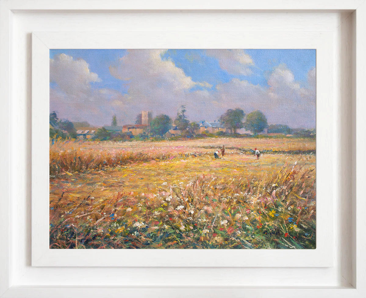 'Harvest Time, Somerset', 12x16 inches original art oil on canvas. Landscape Painting of Somerset by British Artist Ted Dyer.