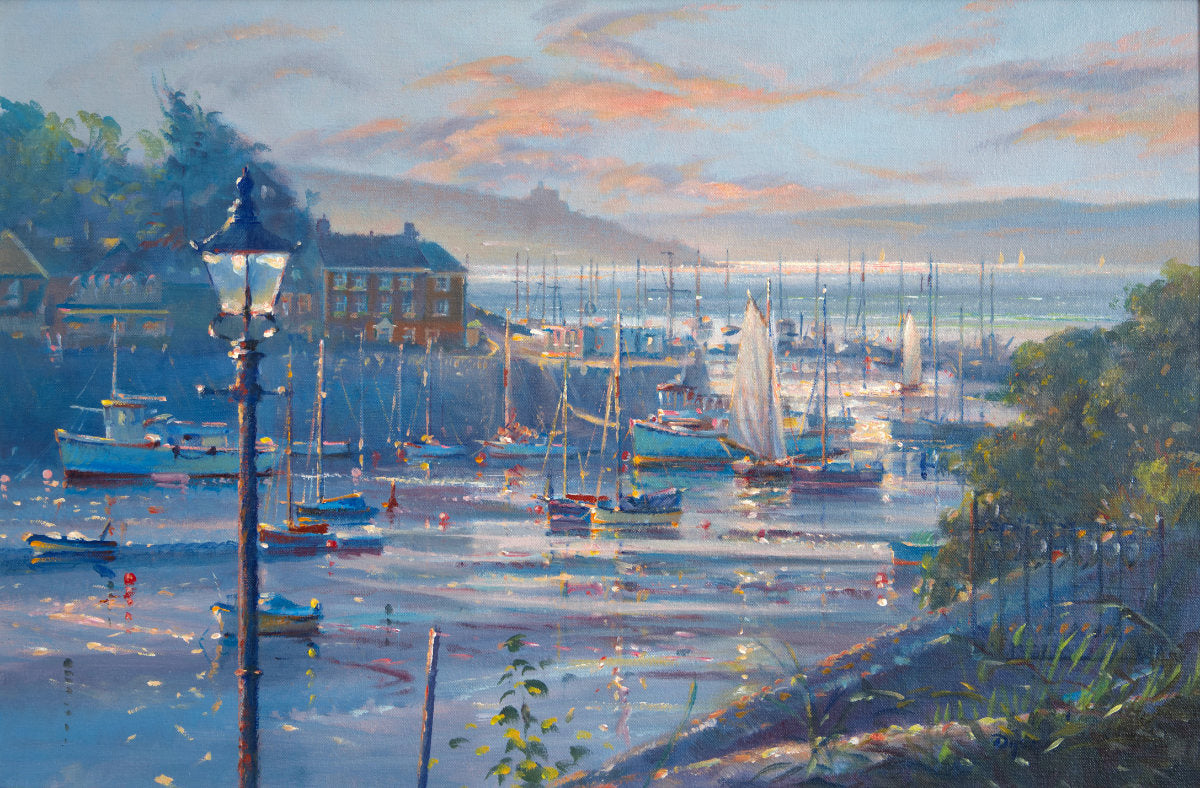 'Start of the Day, Flushing', 16x24 inches oil on canvas. Cornwall Painting by British and Cornish Artist Ted Dyer