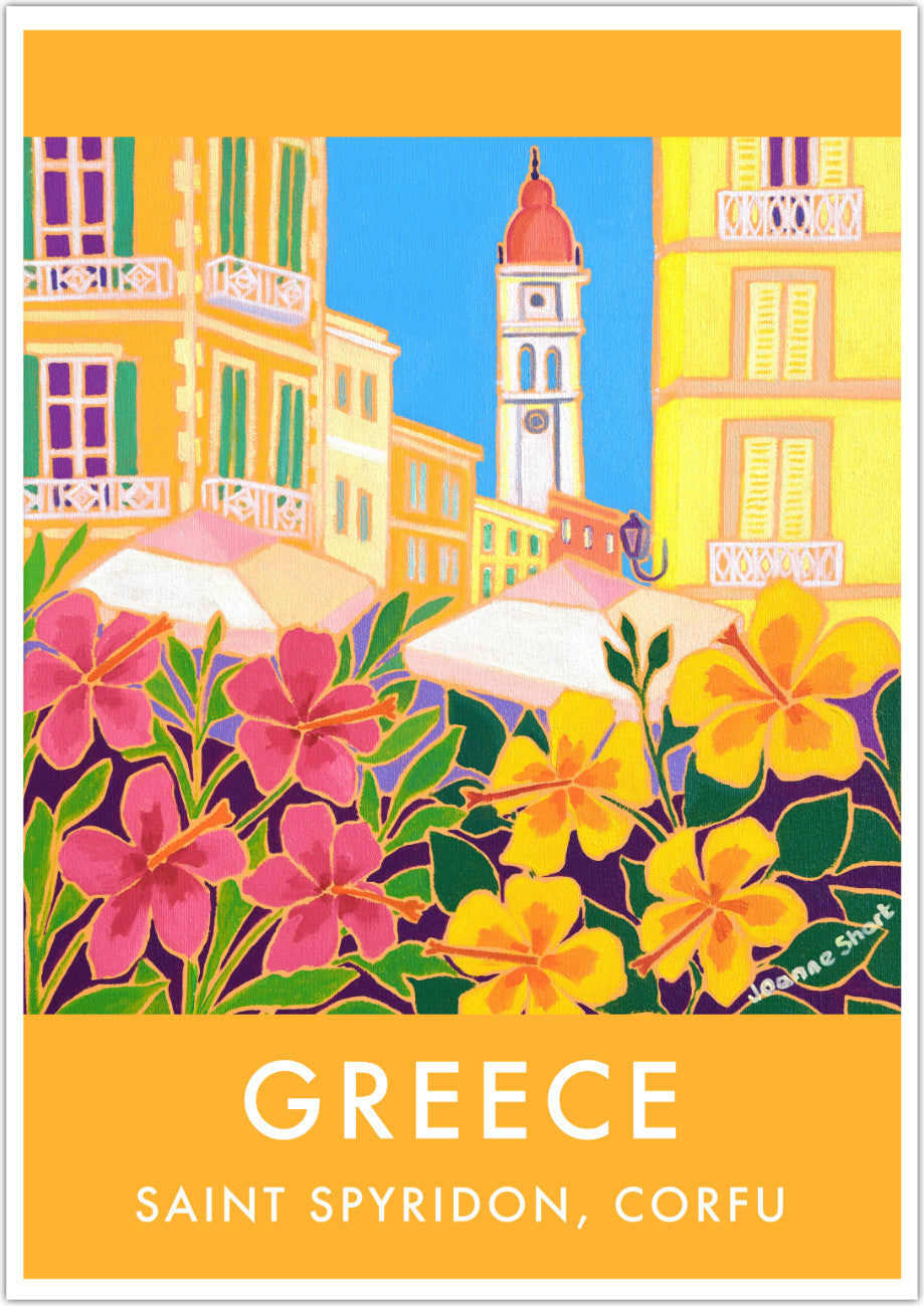 Greek Print of Saint Spyridon, Corfu Town. Vintage Style Travel Poster Art Print by Joanne Short. Greece Artwork