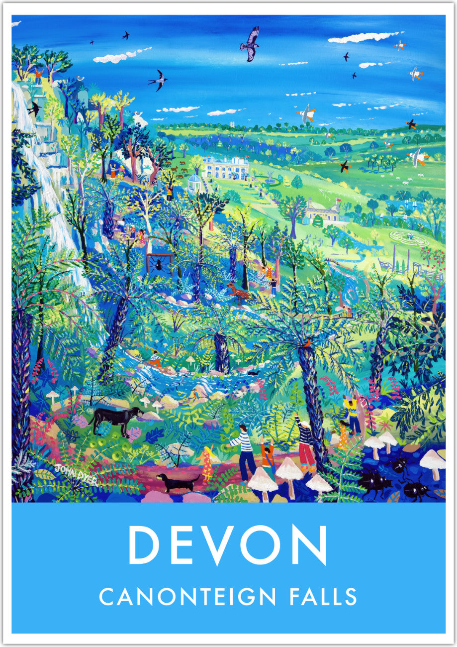 Vintage Style Garden Travel Poster Art Prints by Cornish Artist John Dyer. Exploring Canonteign Falls, Devon