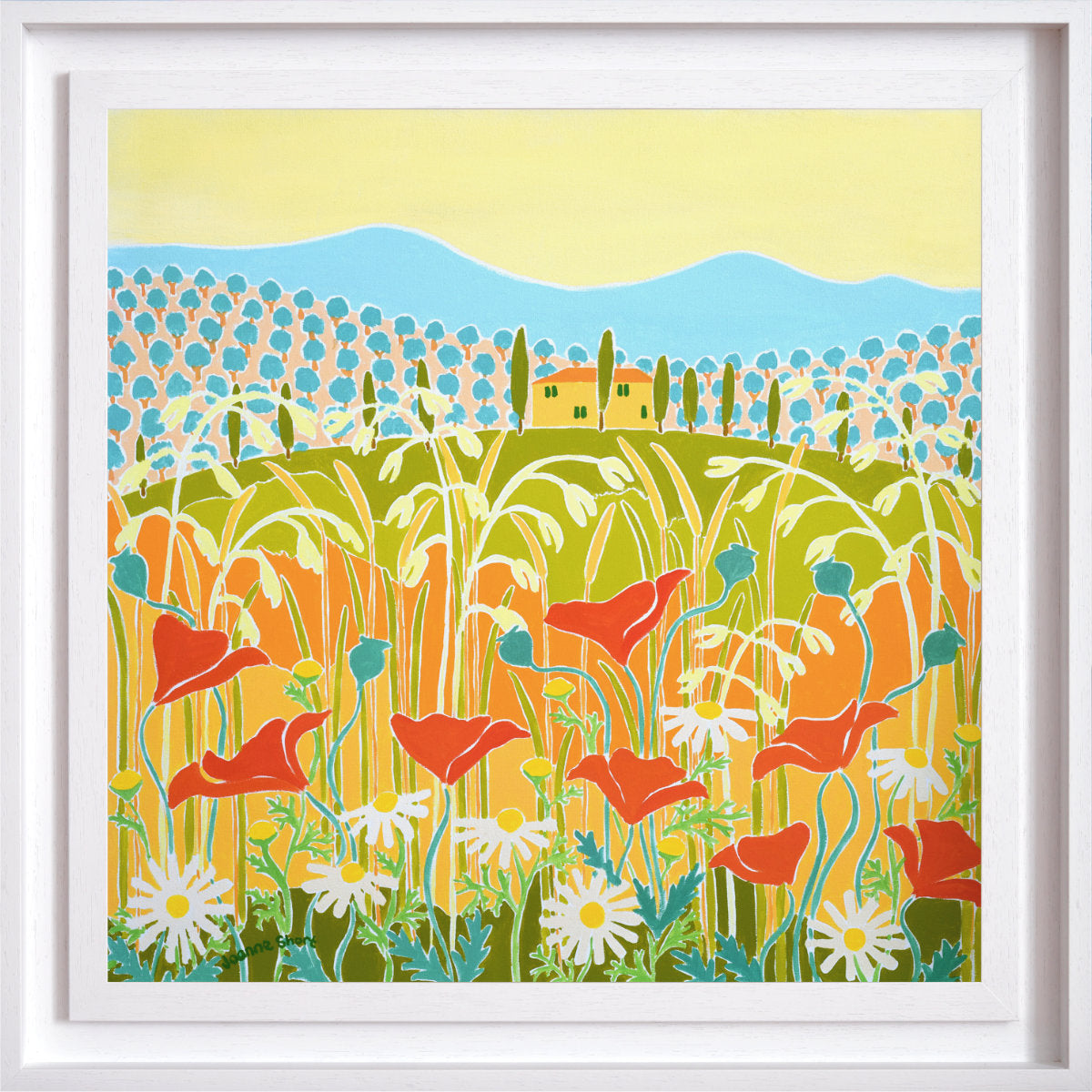 Colourful illustration of a field with flowers and a house in the distance. Una Villa in Toscana. A Villa in Tuscany, Sunset, Italy. 24x24 inch Original Italian oil Painting by Joanne Short