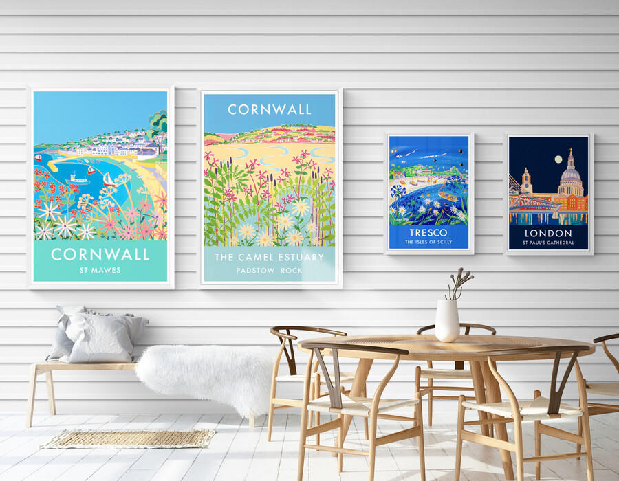 Wall art vintage style travel poster prints of Cornwall and London by Cornish artists Joanne Short and John Dyer