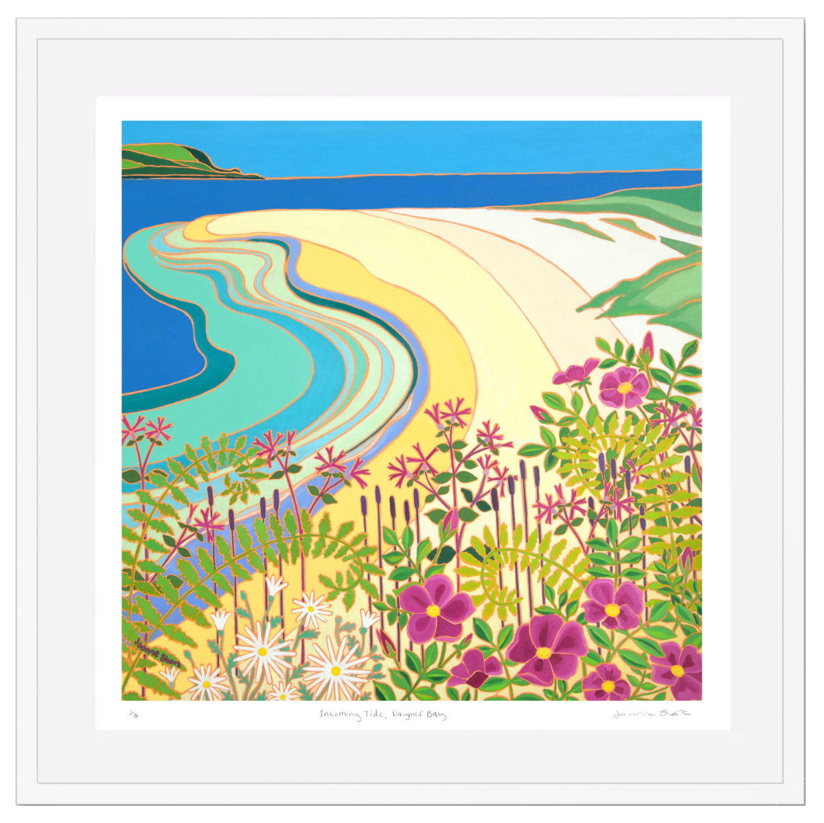 'Incoming Tide, Daymer Bay’ – Framed Special Limited Edition Print of the Camel Estuary Cornwall by Joanne Short. White frame