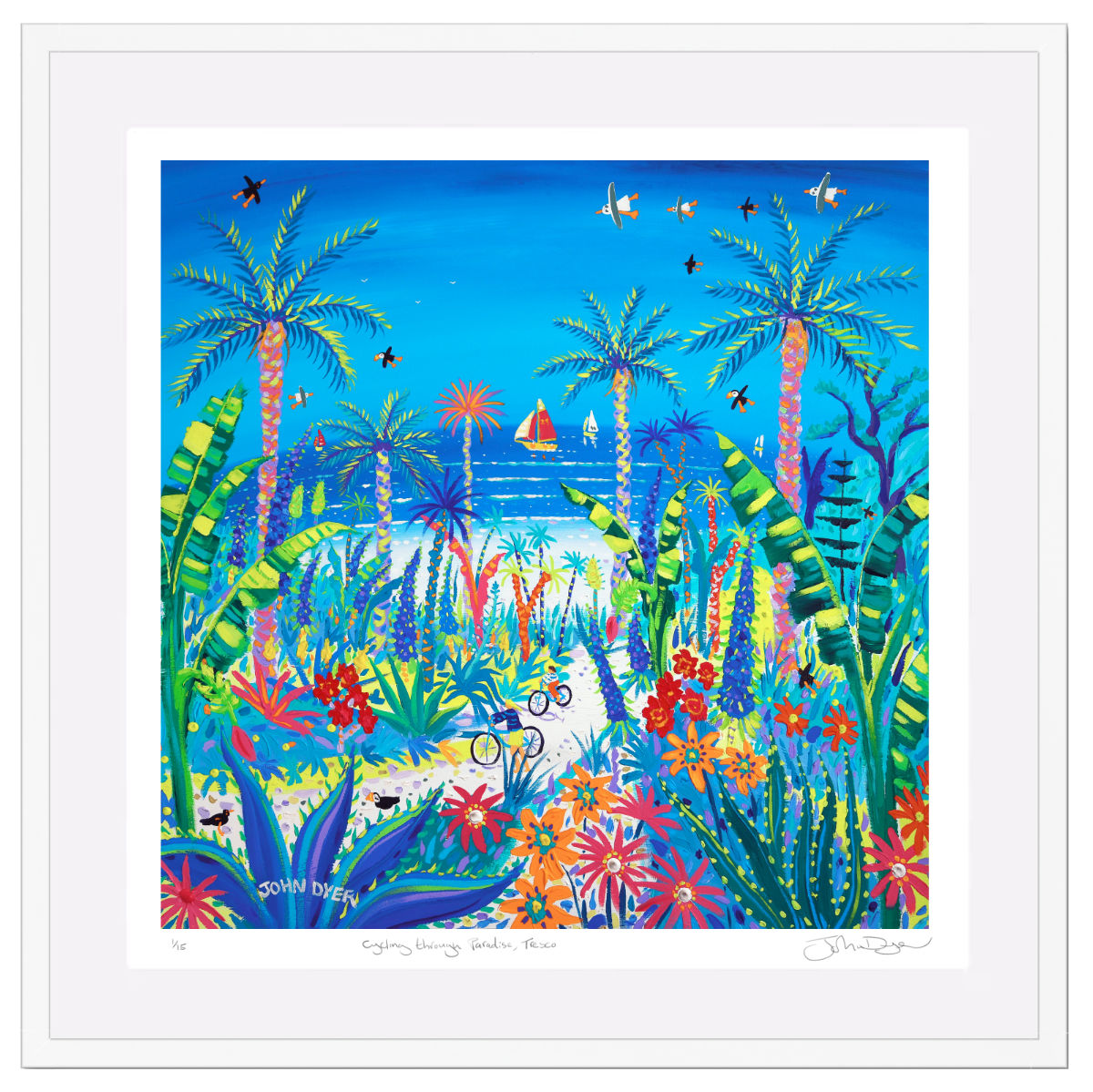 'Cycling through Paradise, Tresco'. Framed Special Limited Edition Print by John Dyer. White frame.