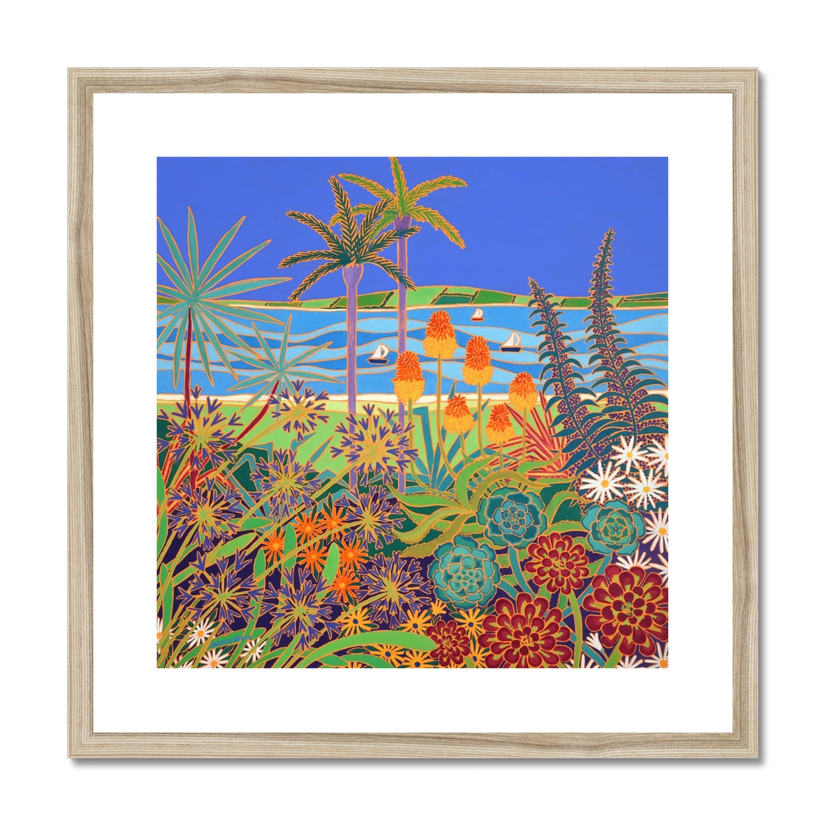 Joanne Short Framed Open Edition Coastal Cornish Garden Fine Art Print. &#39;A Garden of Colourful Delights, Tresco&#39;. Cornwall Art Gallery