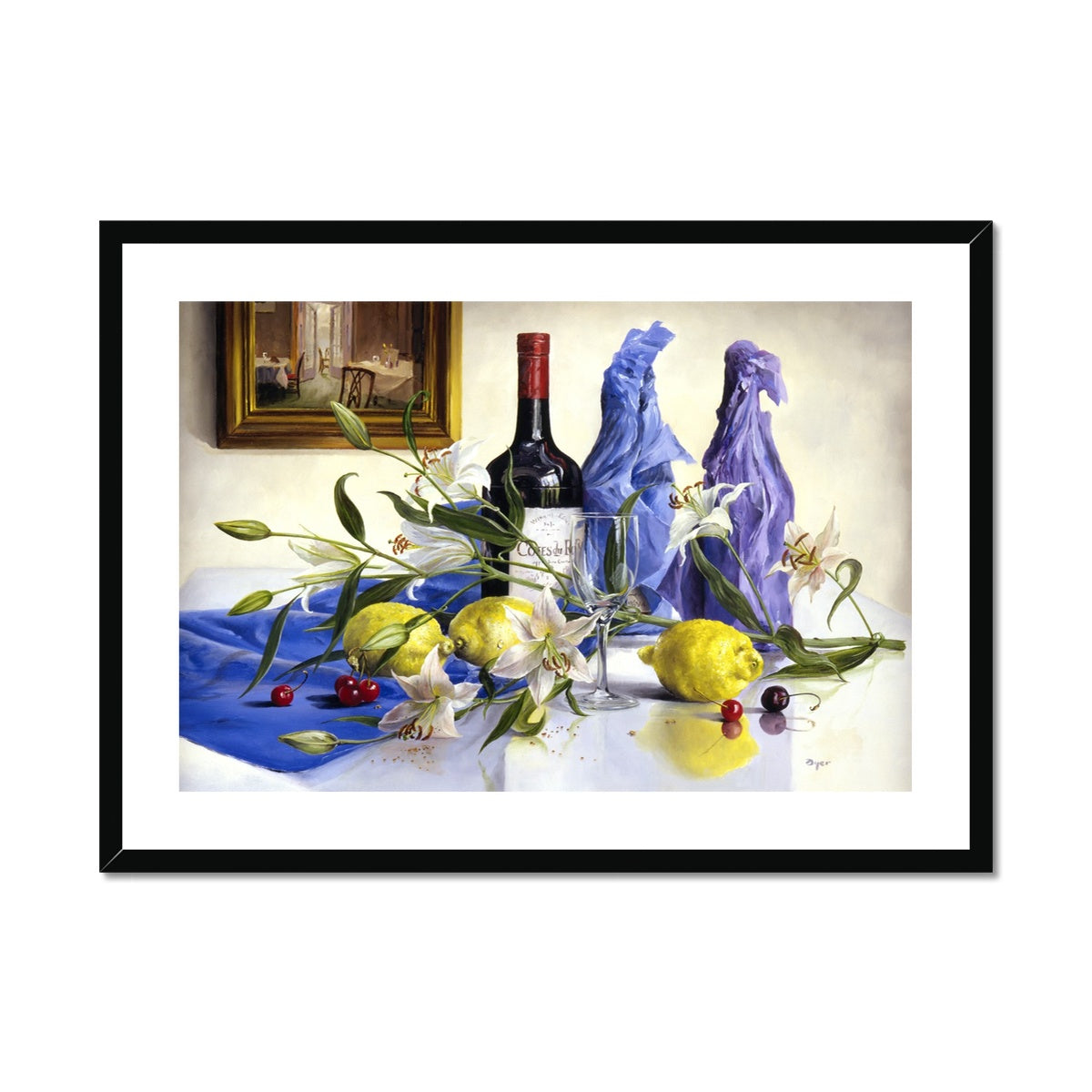 Ted Dyer Framed Open Edition Cornish Fine Art Print. 'White Lilies, Lemons and Red Wine Still Life'. Cornwall Art Gallery