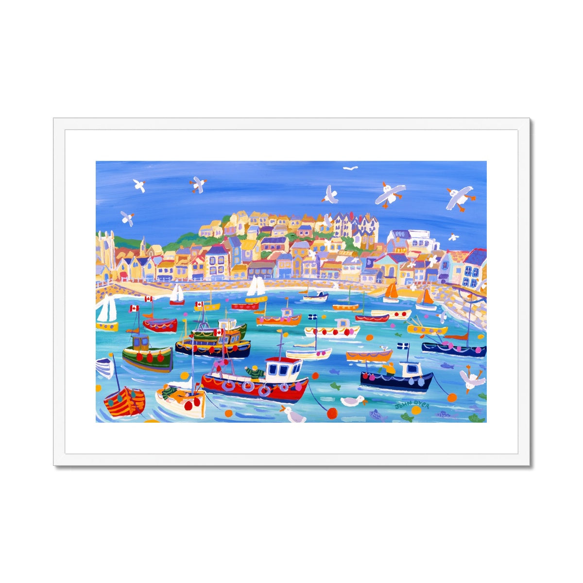 John Dyer Framed Open Edition Cornish Fine Art Print. &#39;Boats in the Harbour on a High Tide, St Ives&#39;. Cornwall Art Gallery