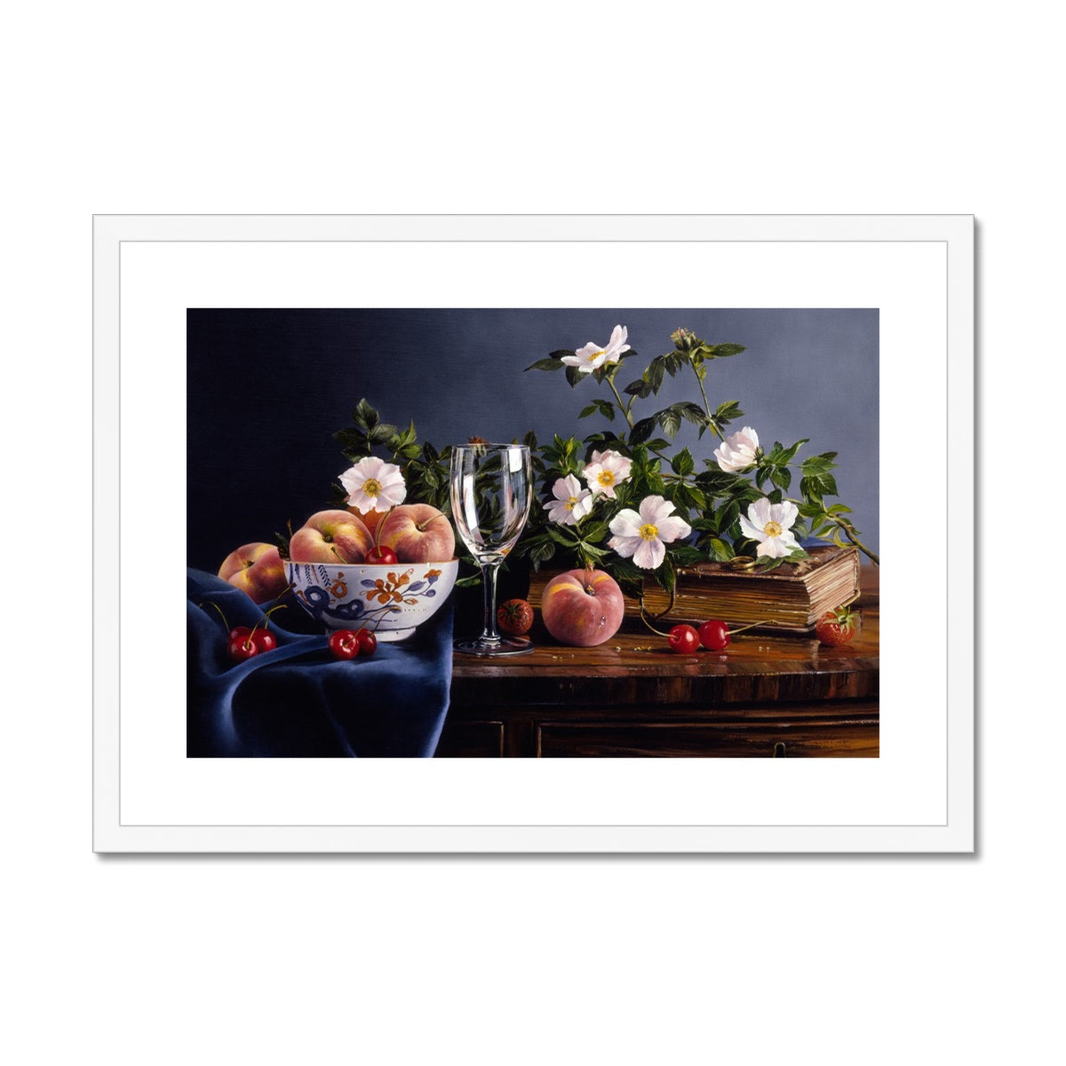 Ted Dyer Framed Open Edition Cornish Fine Art Print. 'Peaches and Dog Roses Still Life'. Cornwall Art Gallery