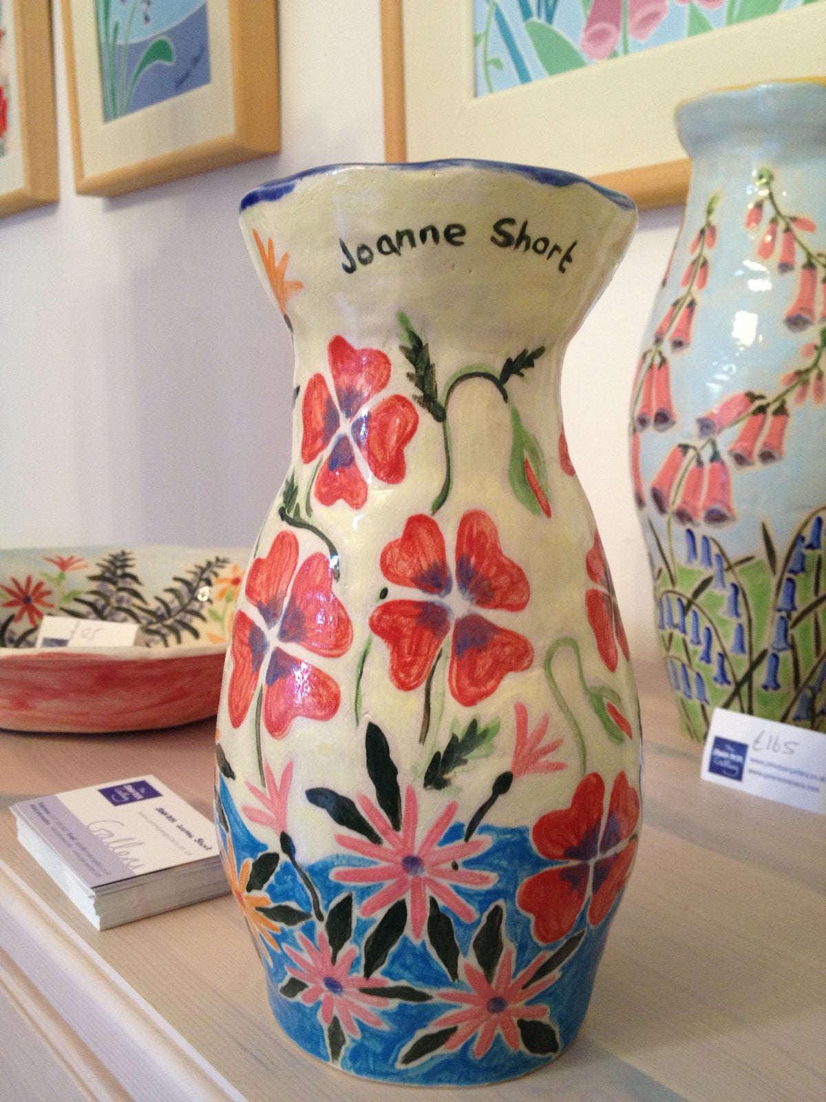 Cornish ceramic flower vase. Red Poppies and pink Daisies by Cornish artist Joanne Short