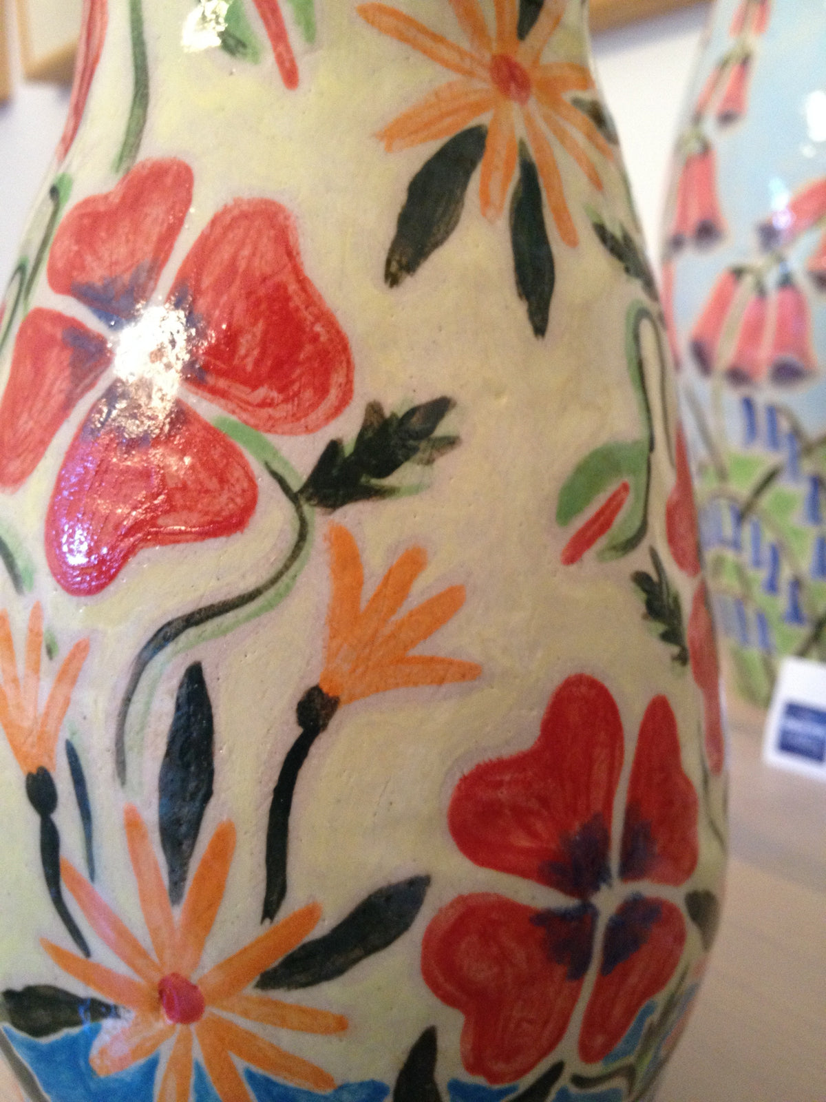 Cornish ceramic flower vase. Red Poppies and pink Daisies by Cornish artist Joanne Short