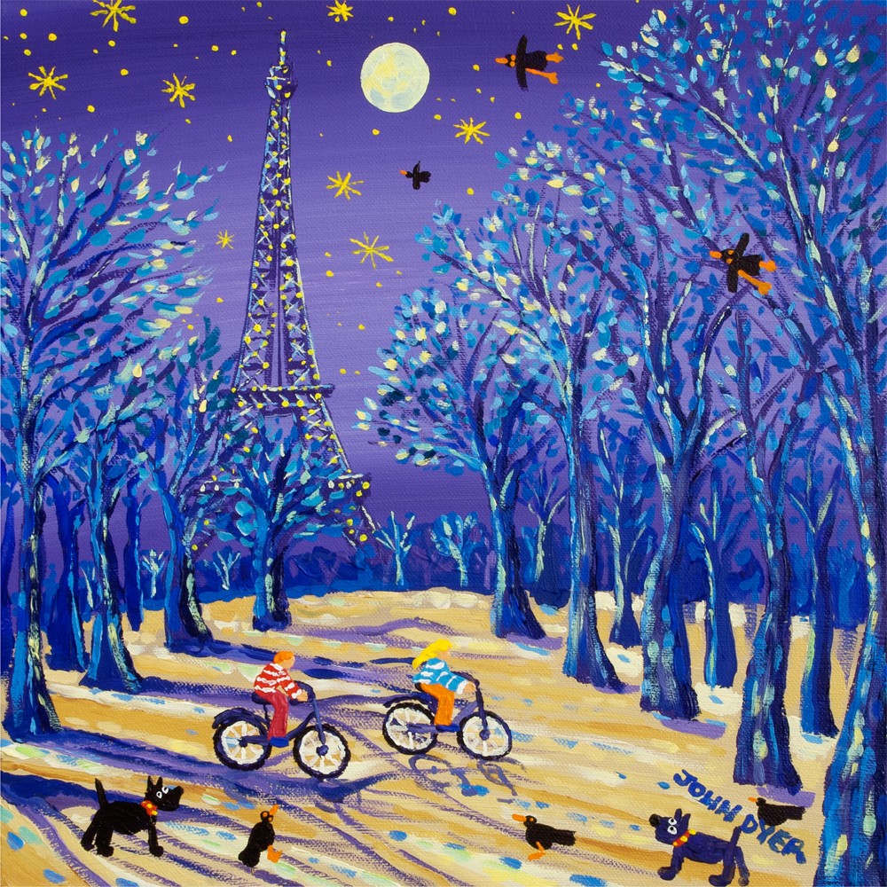 Moonlit Eiffel Tower in Paris. Two cyclists on bikes ride past. Scotty dogs and black birds. Art print by John Dyer.