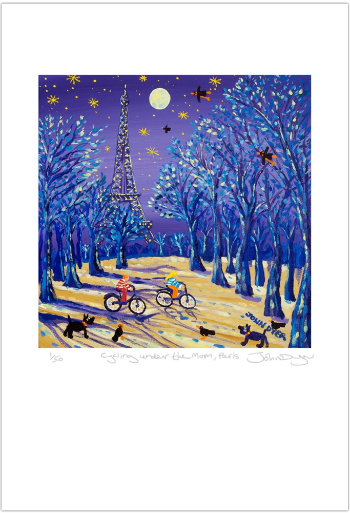 Moonlit Eiffel Tower in Paris. Two cyclists on bikes ride past. Scotty dogs and black birds. Art print by John Dyer.