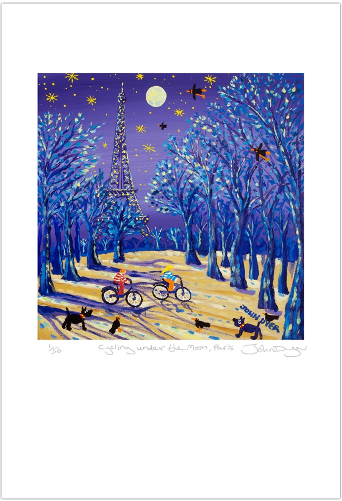 Moonlit Eiffel Tower in Paris. Two cyclists on bikes ride past. Scotty dogs and black birds. Art print by John Dyer.