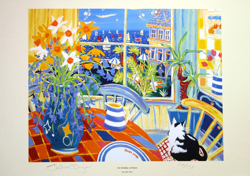 Limited Edition Cat Print by Cornish Artist John Dyer. &#39;On Holiday at Home&#39;. Cornwall Art Gallery Print