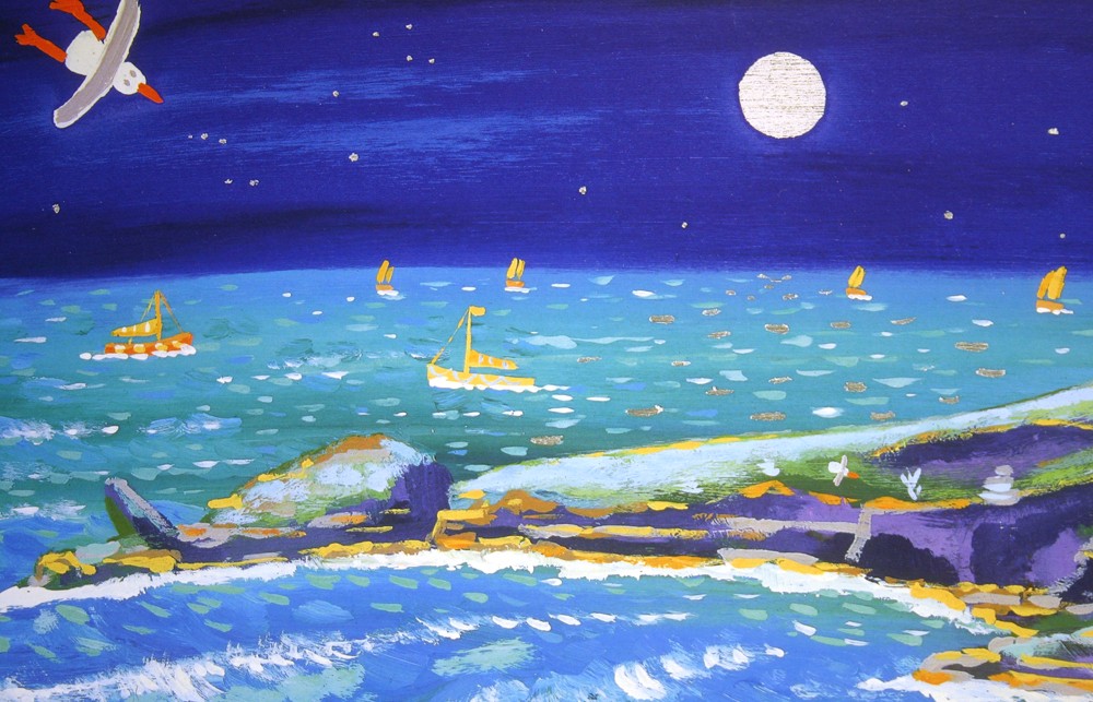 Art print of Housel Bay in Cornwall by John Dyer. Nighttime with moon and surf.