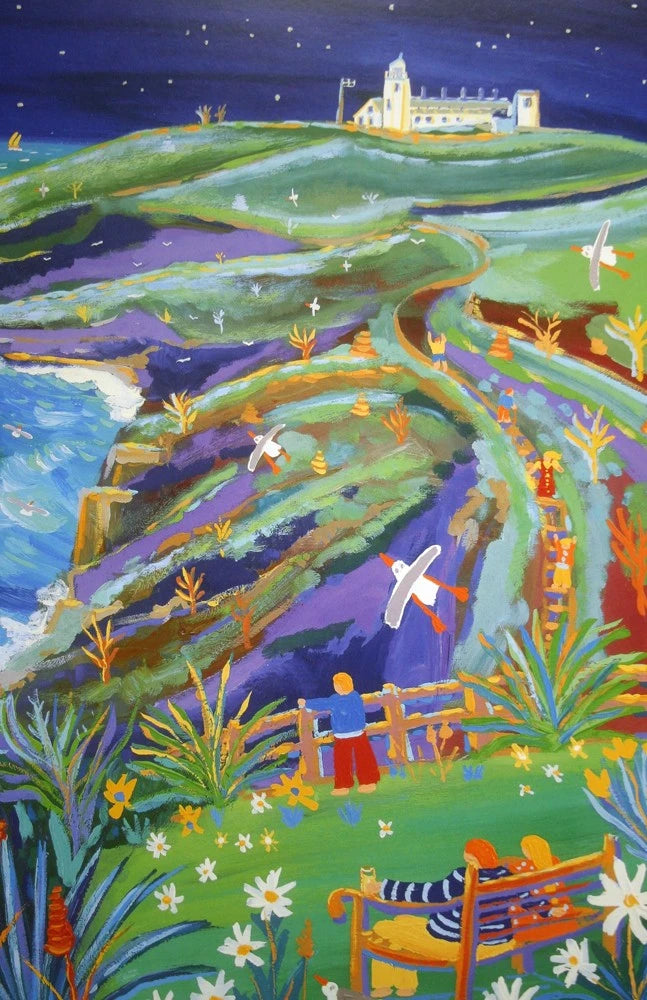Limited Edition Print by Cornish Artist John Dyer. 'Full Moon over Housel Bay'. Lizard Lighthouse, Cornwall. John Dyer