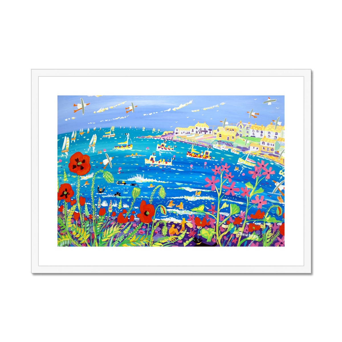 John Dyer Framed Coastal Open Edition Cornish Fine Art Print. 'Pretty Poppies and Crazy Campion, Coverack'