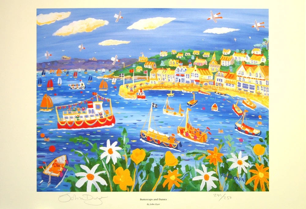 Limited Edition Print by Cornish Artist John Dyer. 'Buttercups and Daisies, St Mawes'. Cornwall Art Gallery Print John Dyer