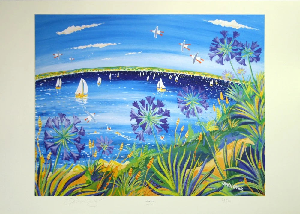 Limited Edition Print with Agapanthus Flowers by Cornish Artist John Dyer. 'Sailing Away, Cornwall'. John Dyer